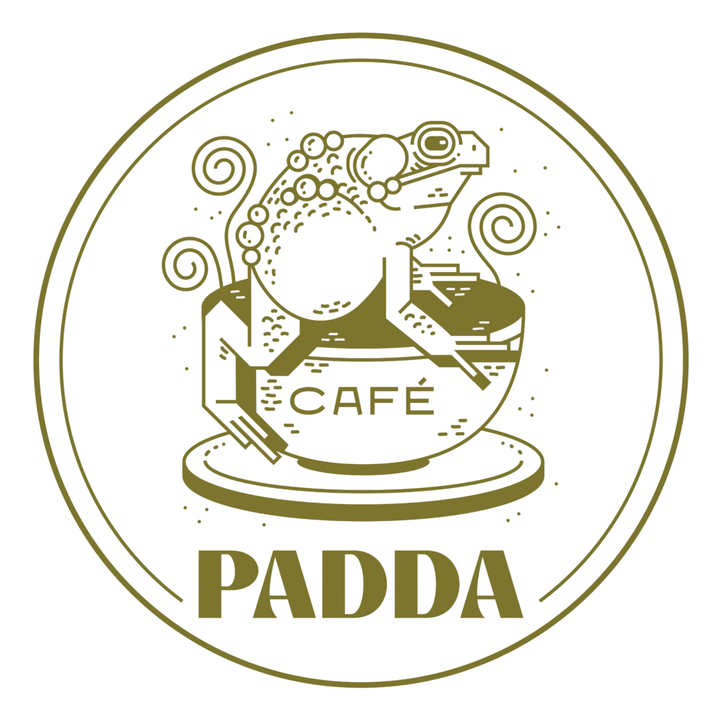 The logo of Café Padda in Uppsala, the coziest café in town. A toad sitting in a coffee mug.