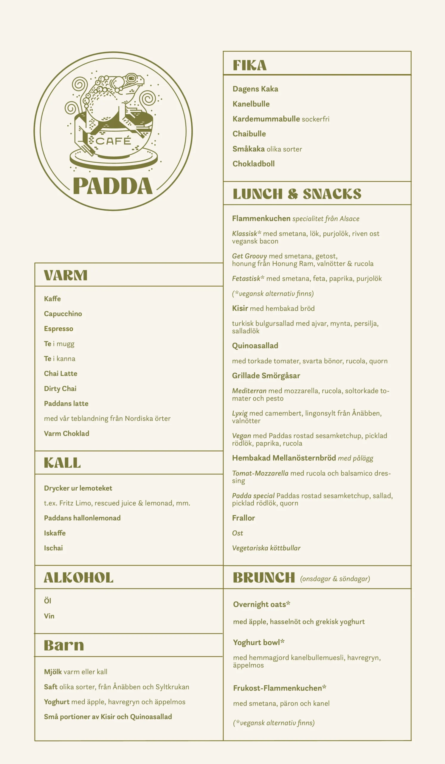 Tasty Meny Café Padda i Uppsala, med regionaler produkter, fika, lunch, grillad smörgåser och frallor, även glutenfritt och vegansk.
